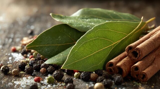 Close Up of Bay Leaves Cinnamon Sticks and Peppercorns Sprinkled with Salt on Rustic Wood Table