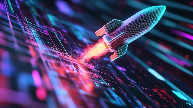 A rocket launches through a digital landscape with colorful lights and patterns in a futuristic environment