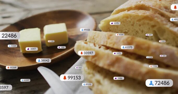 At start badges appearing, drifting, clustering over sliced bread and two butter cubes showing food