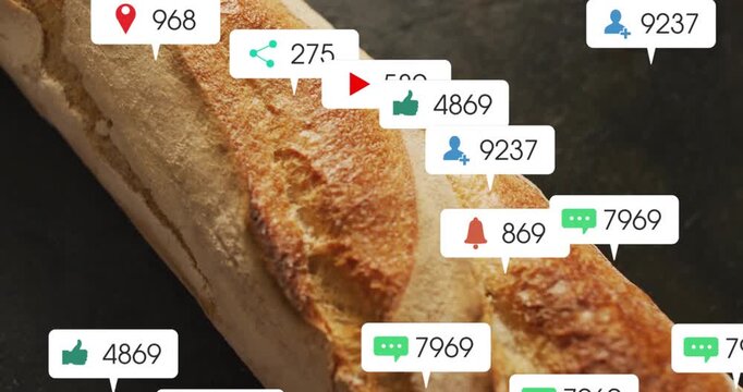 Notification bubbles multiplying on baguette after second frame, showing social engagement