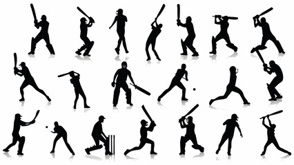 Collection of diverse cricket player batting action silhouettes demonstrating various striking poses and techniques
