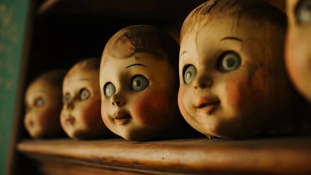 Old dolls with cracked faces and different expressions sit on a wooden shelf in a room full of stories and history