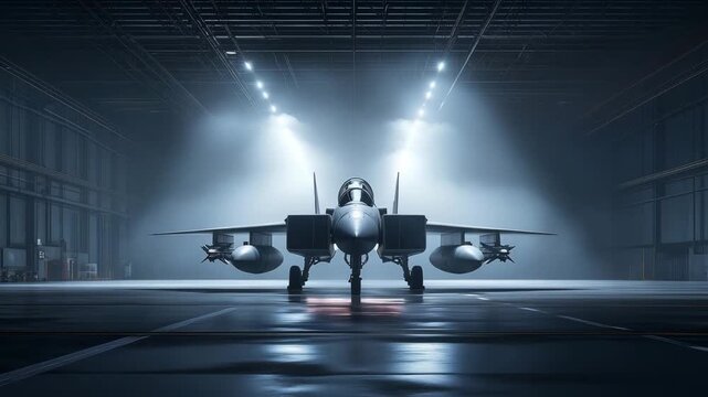 A fighter jet sits inside an aircraft hangar illuminated by bright lights from the ceiling highlighting its design
