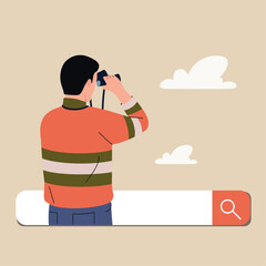 Young man looking in binocular on search bar. Flat style cartoon vector illustration.