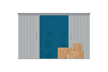 Warehouse building exterior. Small warehouse isolated on white background. Warehouse storage, global logistic industry, delivery service, shipment, package boxes.