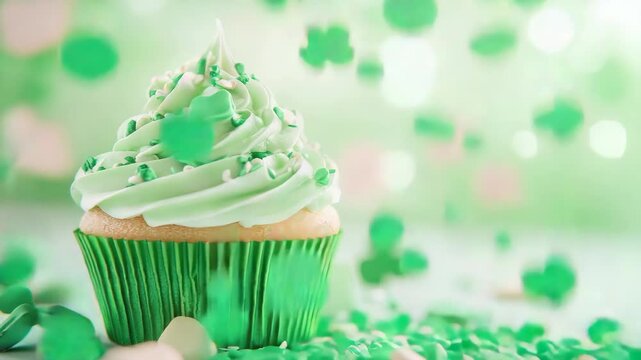 A single cupcake with green frosting and sprinkles is elegantly placed on a table. The backdrop is blurred with hints of festive decor.
