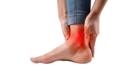 Close up of female foot with red glowing circular pain area indicating ankle inflammation or sports injury for podiatry orthopedic medicine and physical therapy concept isolated on a white surface