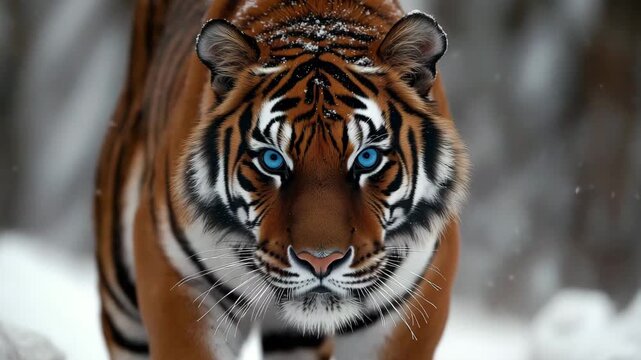 A tiger walks through a snowy forest in winter, showcasing its striking features and powerful stride