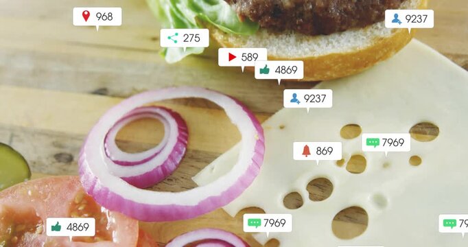 Bubbles appearing above onion and cheese, growing over food, camera moving down showing engagement