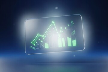 Futuristic 3D fintech interface displaying a glowing neon green rising graph and bar chart on a floating frosted glass card, symbolizing financial growth and market trends on a deep blue background.