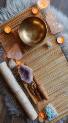 Relaxing Spa Scene with Crystals, Candles, and Bowl