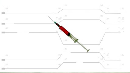 Red syringe entering upper-right, rotating toward center, needle swinging down to mark hexagon