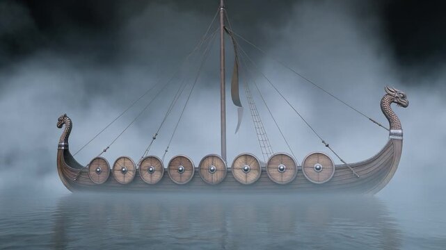 Ancient Viking Ship Sails through Mysterious Foggy Waters