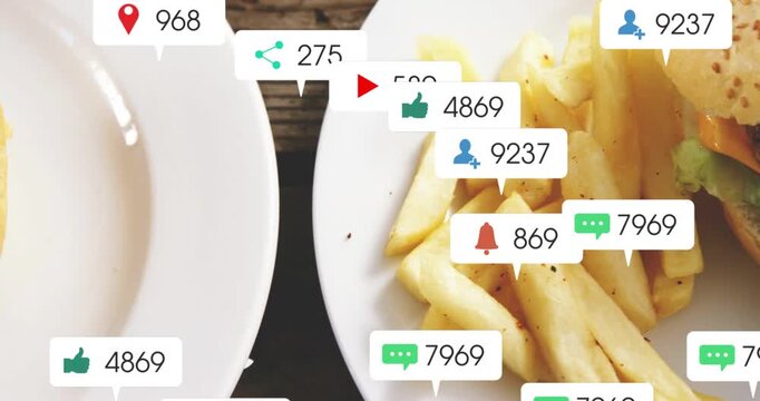 Badges multiplying and drifting over plated meal after notification burst, signaling engagement