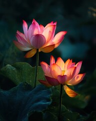 Obraz premium Two Pink and Orange Lotus Flowers Glowing with Light and Dark Leaves bloom