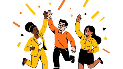 Diverse group celebrating success with high fives and confetti