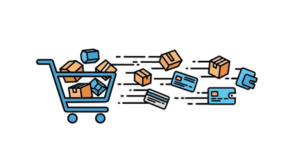 Fast-paced online commerce illustration with a cart, boxes, payment cards, and wallets