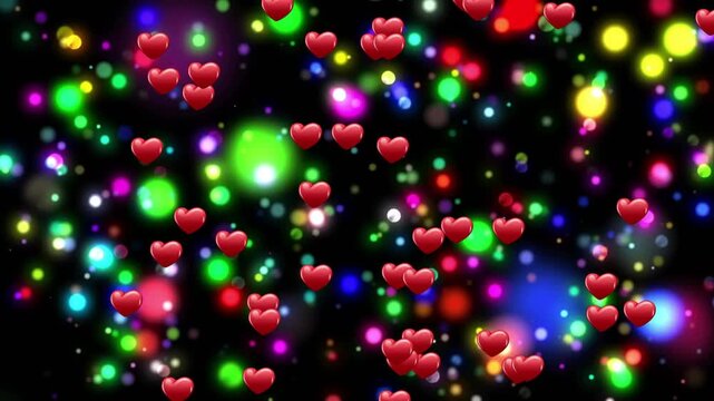 Particles emitting red hearts from lower edge, rising columns, pulsing bokeh, evoking joy