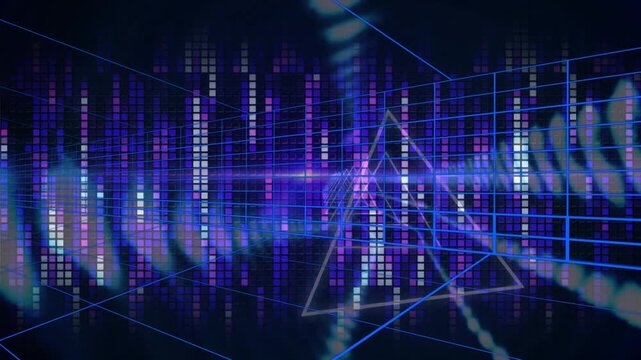 Triangle emerging center rotating and nesting, EQ grid pulsing, ribbons sweeping forming core flare