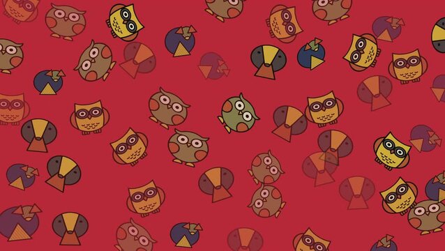 Seamless looping animation with stylized owls and abstract bird shapes on a soft red background. Playful geometric pattern ideal for motion graphics and kids content.