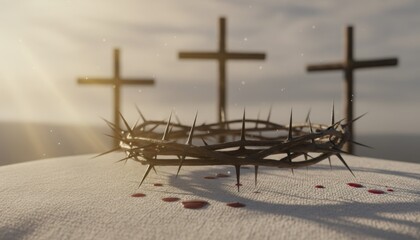 A symbolic scene of a crown of thorns resting before three crosses under soft golden light evoking themes of sacrifice and reflection associated with a solemn religious moment