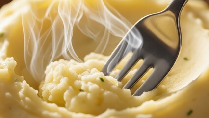 Warm steaming mashed potatoes with fork in creamy texture
