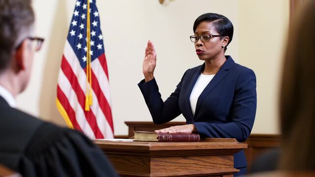 African american woman swearing an oath in court. Witness or defendant taking an oath during a legal proceeding, judicial system.