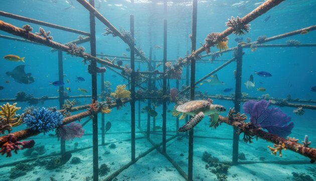 Underwater coral frame hosting turtle and fish showing marine restoration effort in tropical sea