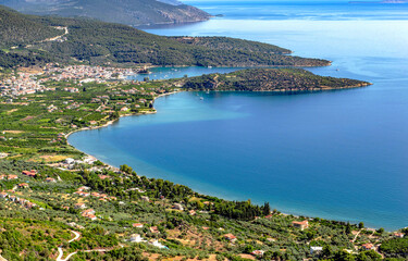 high view on the peloponese coast with beautiful blue water in Greece
