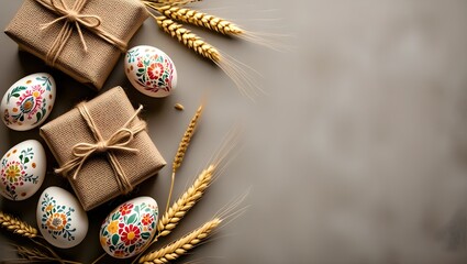 Rustic Gift Boxes with Floral Painted Easter Eggs and Golden Wheat on Neutral Brown Background