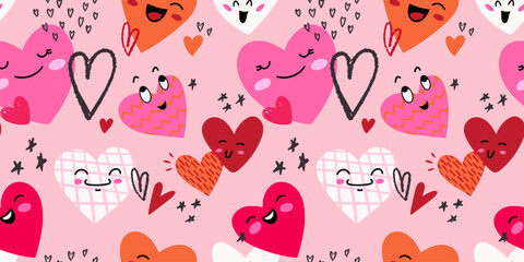 Seamless pattern hand-drawn hearts with cute faces in playful doodle style. Festive Valentine's day vector background. Bright romantic design for holiday wrapping paper, fabric love prints, stationery