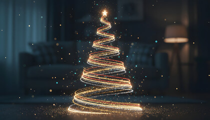 Bright Christmas tree silhouette composed of glittery spiral streaks with floating glow spots.