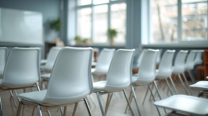 Fototapeta premium Modern Classroom Empty with White Chairs, Windows, Plants