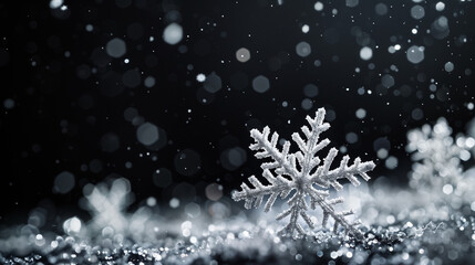 Silver hanging snowflakes border on black background. Winter holiday decoration with copy space for text