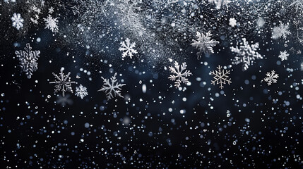 Silver hanging snowflakes border on black background. Winter holiday decoration with copy space for text