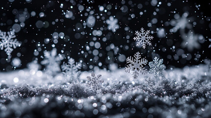 Silver hanging snowflakes border on black background. Winter holiday decoration with copy space for text