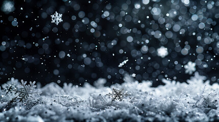 Silver hanging snowflakes border on black background. Winter holiday decoration with copy space for text