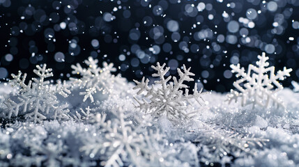 Silver hanging snowflakes border on black background. Winter holiday decoration with copy space for text