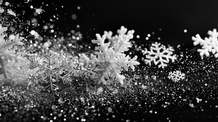 Silver hanging snowflakes border on black background. Winter holiday decoration with copy space for text