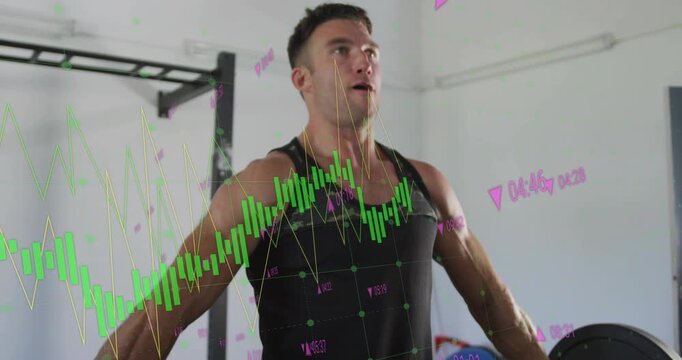 Man gripping orange barbell, driving legs and pulling to chest, garage HUD tracking fitness power