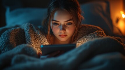 A girl wrapped in a blanket using a glowing smartphone in bed during nighttime, illuminated by soft warm lighting, representing modern technology, relaxation, communication, peaceful evening lifestyle