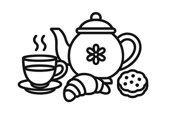 Hot tea with croissant and cookies on a table during breakfast time