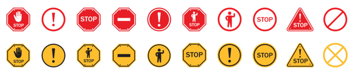 Red and yellow stop sign with  white hand, do not enter. Warning stop sign. Warning sign, attention, prohibition, danger, alert, road sign , vector illustration.