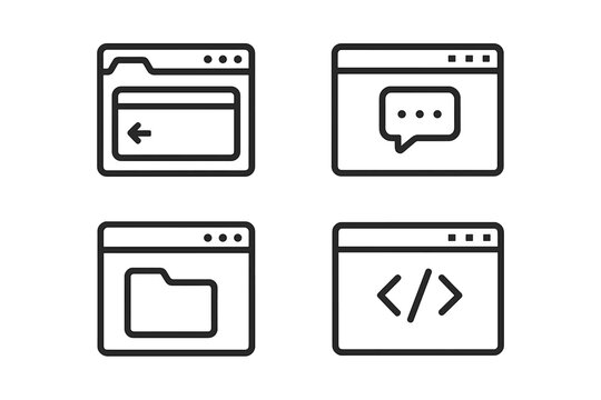 Various web browser icons showing folder, chat, and code panel in simple line style