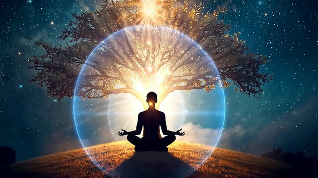 Person Meditating in Lotus Pose Under Glowing Tree of Life with Cosmic Energy Circle and Starry Sky