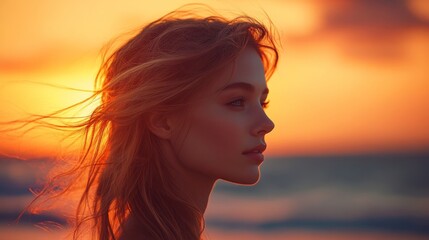 Fototapeta premium Beautiful young woman standing against ocean sunset with hair blowing in wind, sky filled with warm golden light, freedom, inspiration, mindfulness, tranquility, natural beauty, emotional expression.