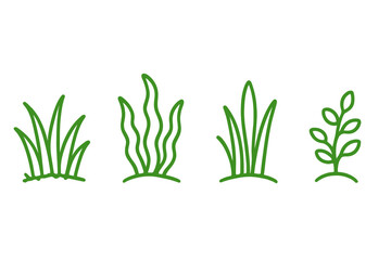 Different types of simple green plants and grass drawn in a row in a basic style