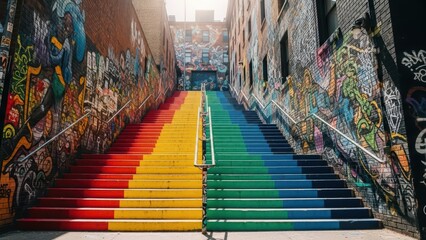 Fototapeta premium Vibrant urban staircase with colorful graffiti in city alley
