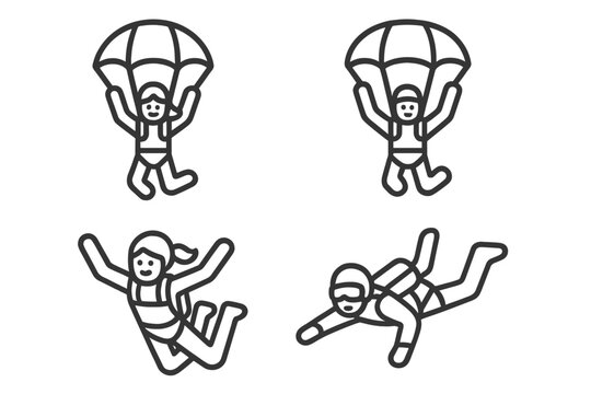 Sky divers performing parachute jumps in a clear blue sky during a sunny day in a recreational outdoor area