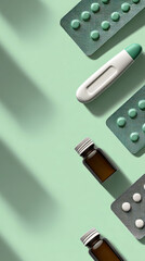 Illustration of blister packs with pills, a digital thermometer, and a small antiseptic bottle. Isolated on a soft pastel green background. Preventive healthcare concept. Vertical illustration.